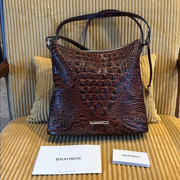 NWT Brahmin Katie Shoulder Bag | Pecan Melbourne Croc Embossed Leather - Picture 2 of 13